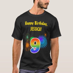 Roligt Fireworks + Rainbow Mönster ’9’ Birthday # T Shirt