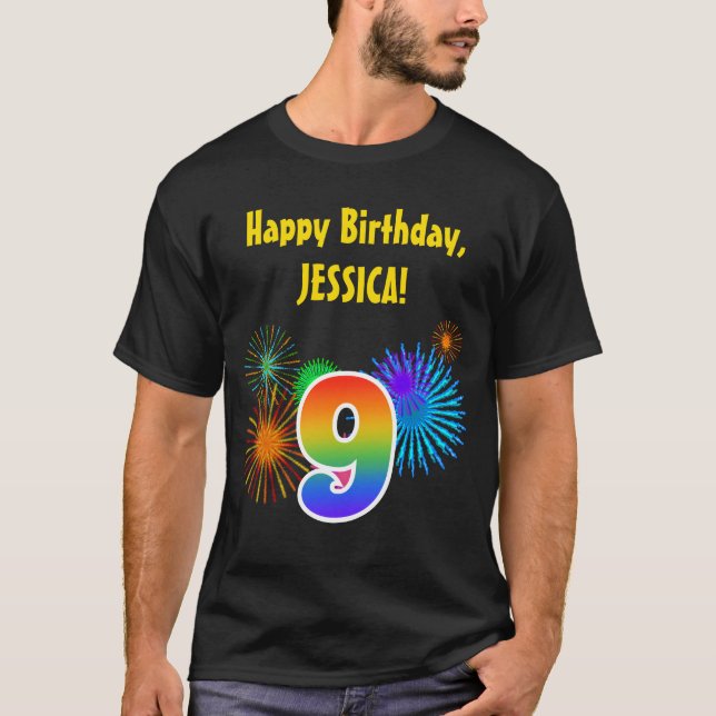 Roligt Fireworks + Rainbow Mönster ’9’ Birthday # T Shirt (Framsida)