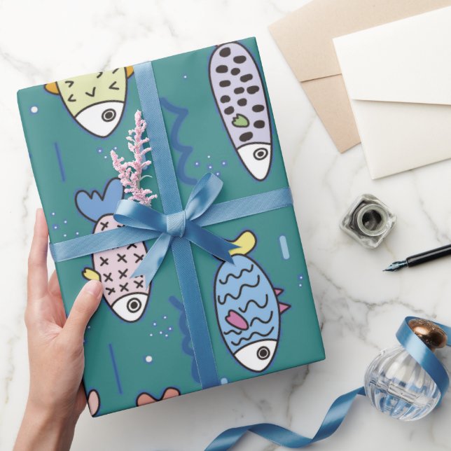 Roligt Fiskdoodle Teal Ocean Vatten Pisces Birthda Presentpapper (Gifting)