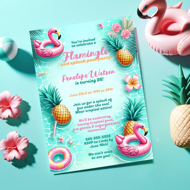 Roligt Flamingo och ananas sommar Bassäng Party Inbjudningar (Skapare uppladdad)
