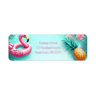 Roligt Flamingo och ananas sommar Bassäng Party Returadress Etikett