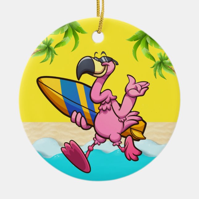 Roligt Flamingo Surfer Julgransprydnad Keramik (Framsidan)