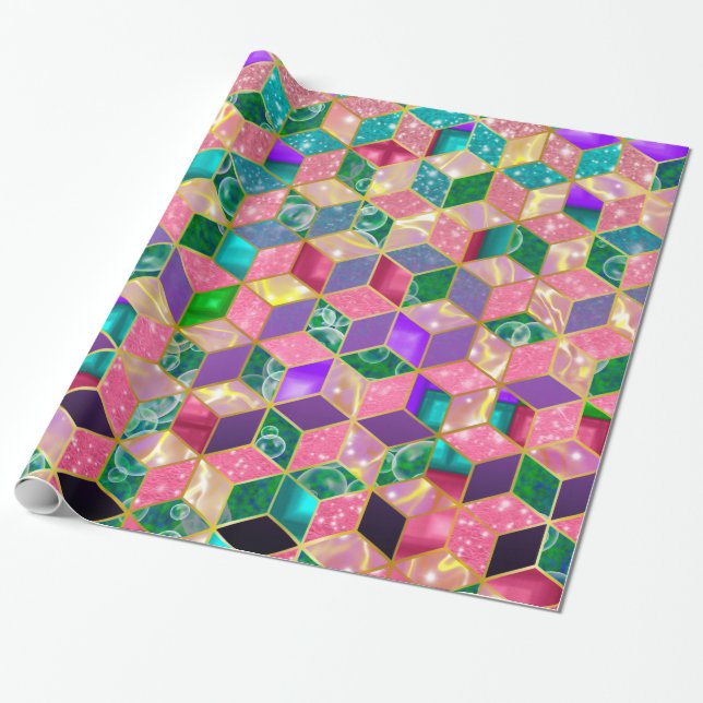 Roligt flerblandad diagonalformad hexagon presentpapper (Utrullad)