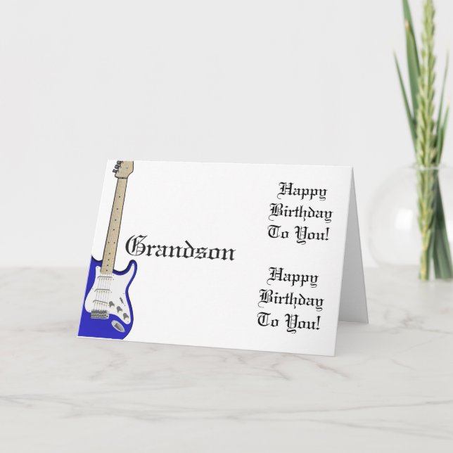 Roligt, födelsedag hälsning för barnson, blå gitar kort (Framsida)