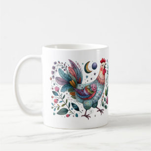 Roligt Folk Art Stil Chicken eller Tupp på natten Kaffemugg