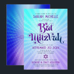 Roligt för Bat mitzvah Retro Blue-Lila-övertoning  Inbjudningar<br><div class="desc">Var stolt, gladd och visa den här milstolpen av din favoritBat mitzvah! Skicka ut den här roligten boho retro, personlig QR-kodinbjudan för en händelse att komma ihåg. Roligt, trendig, fet lila och marin blå typografi med modern sans serif-typografi täcker över en bakgrund av poplight turkos och lila gradientstrålar med vita...</div>