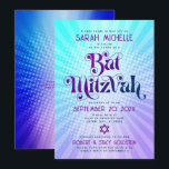 Roligt för Bat mitzvah Retro Blue-Lila-övertoning  Inbjudningar<br><div class="desc">Var stolt, gladd och visa den här milstolpen av din favoritBat mitzvah! Skicka ut den här roligten boho retro, personlig QR-kodinbjudan för en händelse att komma ihåg. Roligt, trendig, fet lila och marin blå typografi med modern sans serif-typografi täcker över en bakgrund av poplight turkos och lila gradientstrålar med vita...</div>