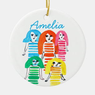 Roligt för funky av cute-vattenfärgsflickor julgransprydnad keramik