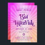 Roligt för övertoning av Orange för Bat mitzvah Ro Inbjudningar<br><div class="desc">Var stolt, gladd och visa den här milstolpen av din favoritBat mitzvah! Skicka ut den här roligten boho retro, personlig QR-kodinbjudan för en händelse att komma ihåg. Roligt, trendig, shock rosa med fetstil och typografi av lila med modern sans serif-typografi täcker över en bakgrund av poplight orange och gradientstrålar av...</div>