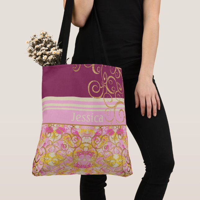 Roligt för rosa och Grönt Chic  Tote Bag Tygkasse (Närbild)