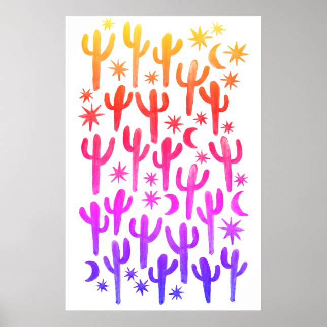 Roligt för solnedgång Cactus Rosa Mönster Watercol Poster (Framsidan)