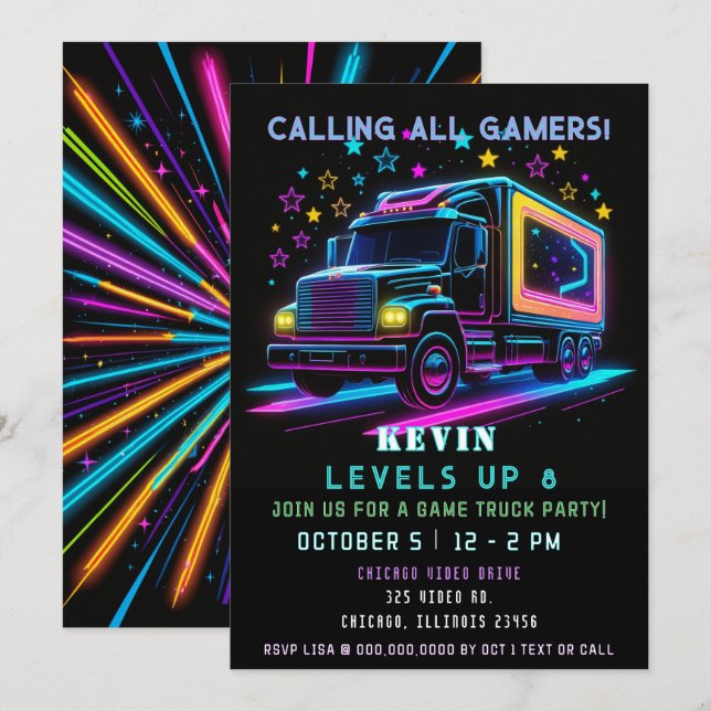 Roligt för spel Neon Glow Game Lastbil Birthday Inbjudningar (Fram/baksida)