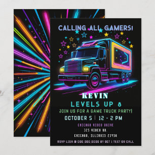 Roligt för spel Neon Glow Game Lastbil Birthday Inbjudningar