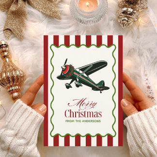 Roligt foto på vintage flygplan och julgran julkort
