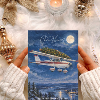 Roligt foto på vintage flygplan och julgran julkort
