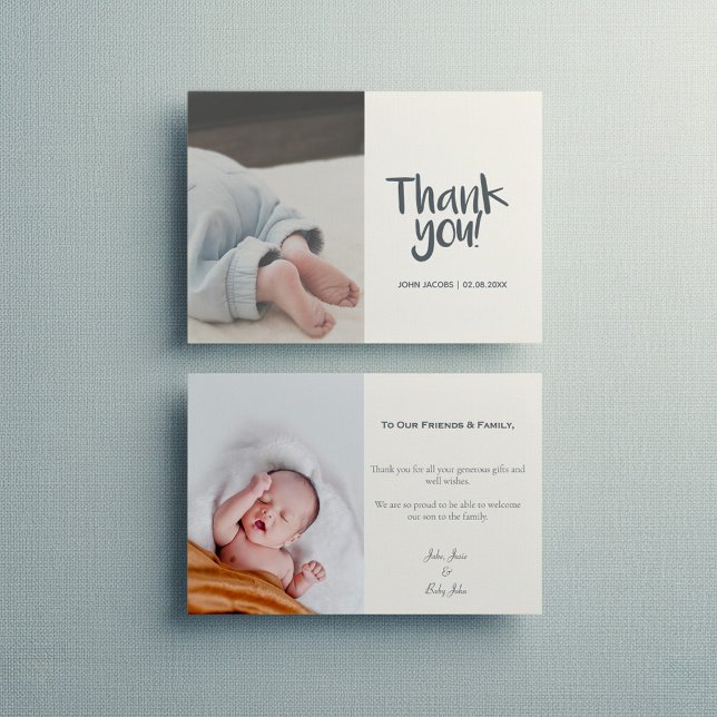 Roligt, fotot, pojke, babydusch tack vare ditt kor (Fun, your photo, boy, baby shower thank you card with message and 2 photos.)