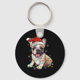Roligt Fransk Bulldog Hund Träd jul Ljus Julafton Nyckelring