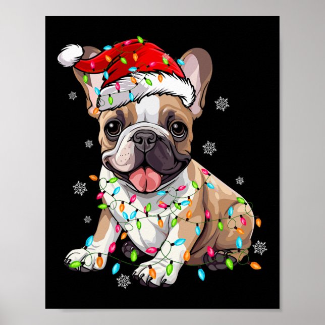 Roligt Fransk Bulldog Hund Träd jul Ljus Julafton Poster (Framsidan)