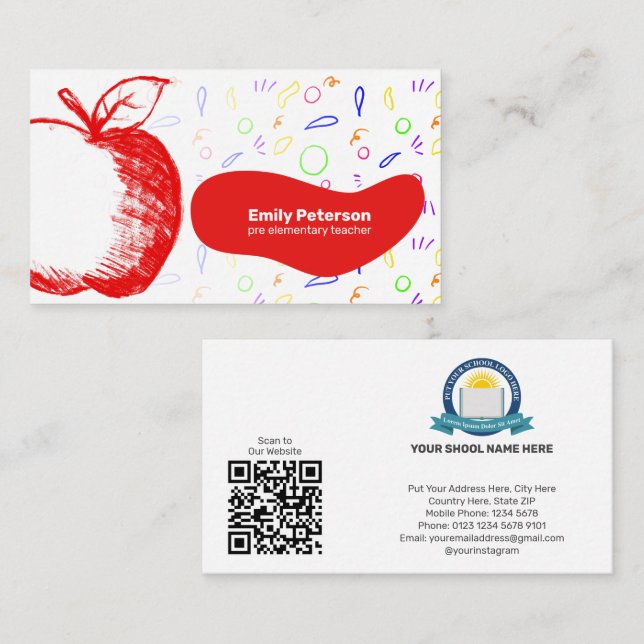 Roligt & Friendly Teacher Red Apple Sketch Hand pl Visitkort (Fram/baksida)