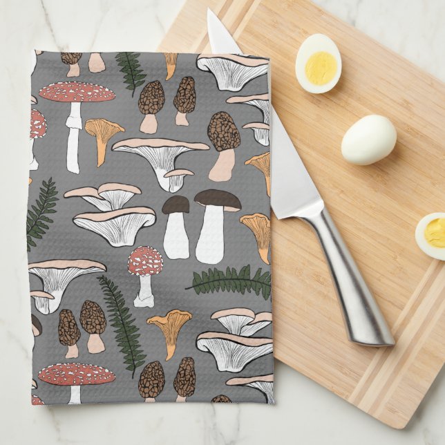 Roligt Fungi Mushroom Fern Mönster Kökshandduk (Vikt i Fjärdedel)