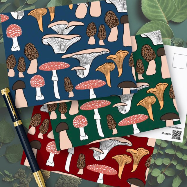 Roligt Fungi Mushroom Mönster Vykort (Mushroom pattern postcards in a variety of colors. Choose your favorite or change the colors yoursel)