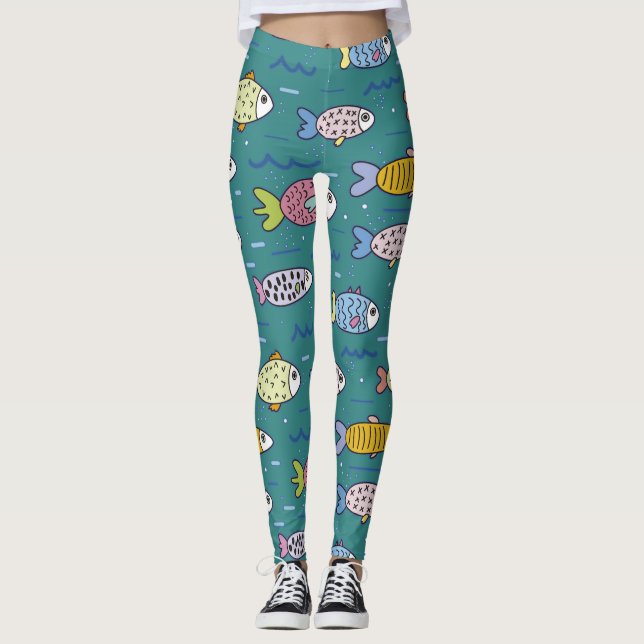 Roligt Funky Fisksimming i Teal Vatten Whimsique Leggings (Framsida)