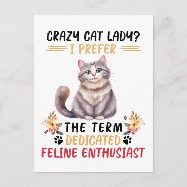 Roligt galet kattdamquote vykort (Framsida)