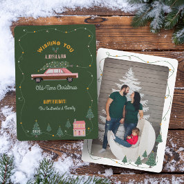 Roligt Gamla julfoto Rosa Retro Car Träd Julkort