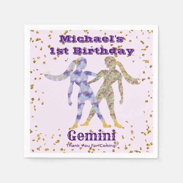 Roligt Gemini First Birthday & Guld Confetti Pappersservett (Framsidan)