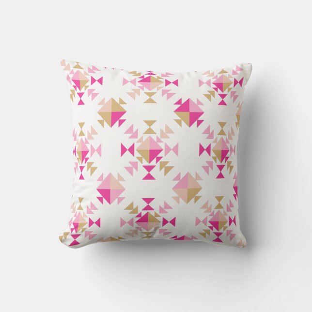 Roligt Geometric Quilt Block Mönster i Rosa och rö Kudde (Framsida)