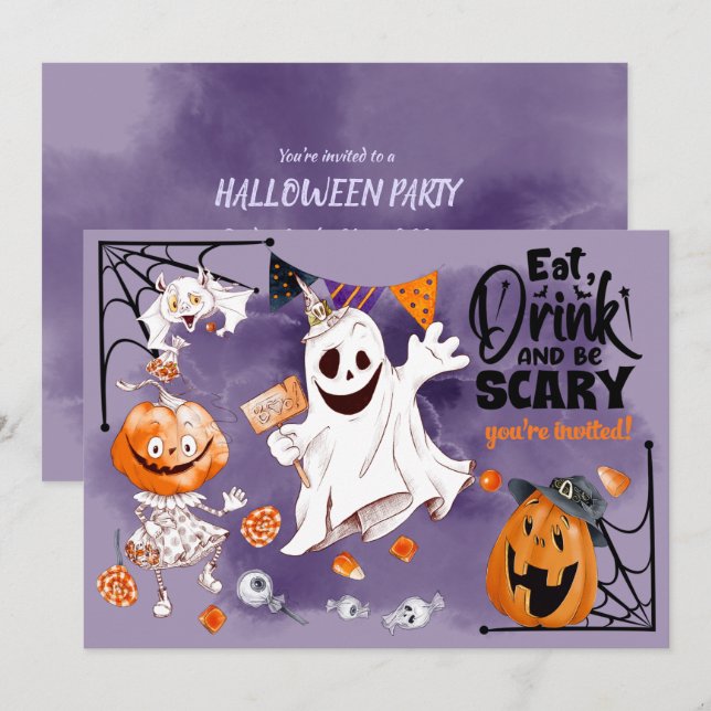 Roligt Ghost, Jack O'Lantern, Fladdermus Halloween Inbjudningar (Fram/baksida)