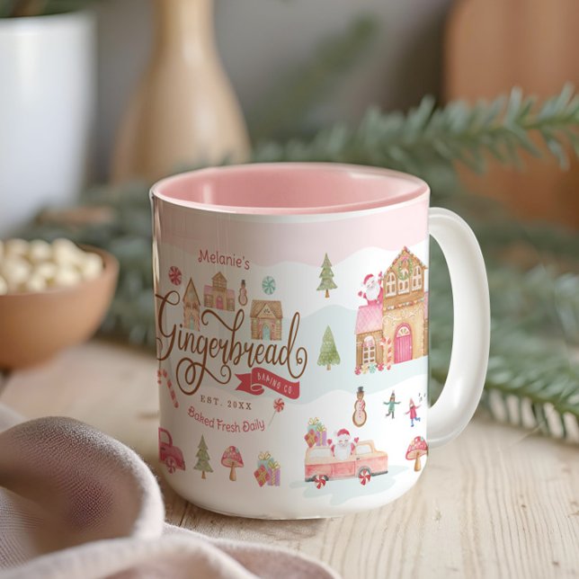 Roligt Gingerbröd Bakery Co Personlig Family Namn Två-Tonad Mugg (Fun Gingerbread Bakery Co Personalized Family Name Two-Tone Coffee Mug)