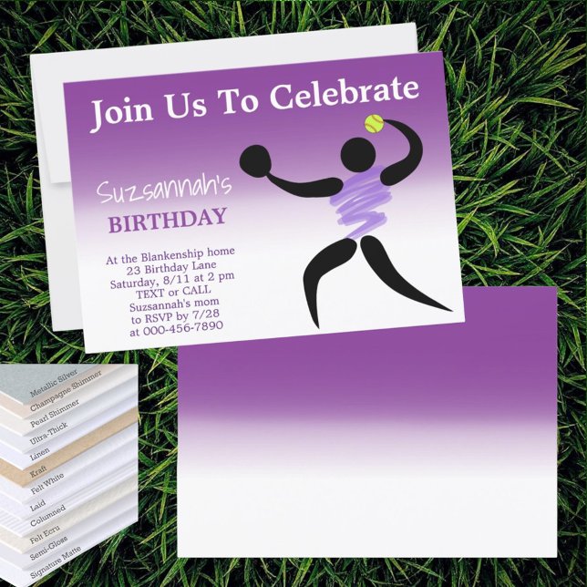 Roligt Girls Softball Anpassningsbar Födelsedagsfe Inbjudningar (front invitation template gradient purple back)