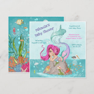 Roligt Girly Rosa Hair Sjöjungfru Baby Shower Inbjudningar