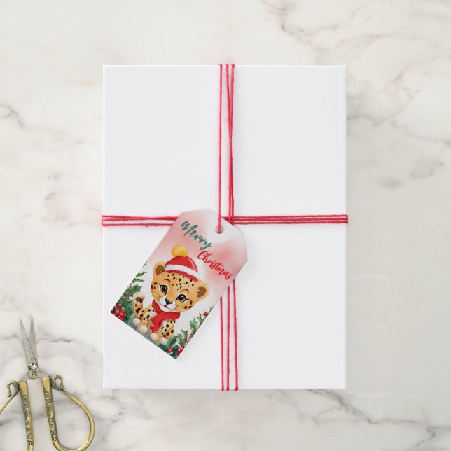 Roligt glad jul krans Söt gepard tomte Presentetikett (Med Snöre)