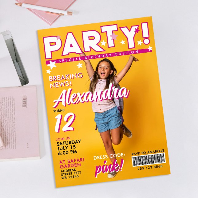 Roligt Glam Färgglada Rosa Tjej 12-års Kändisfest Inbjudningar (Skapare uppladdad)
