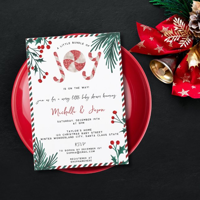Roligt Glitter jul, Candy cane Joy Baby Shower Inbjudningar (Skapare uppladdad)