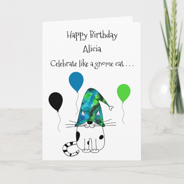 Roligt Gnome Cat and Ballothday Greeting Card Kort (Framsida)