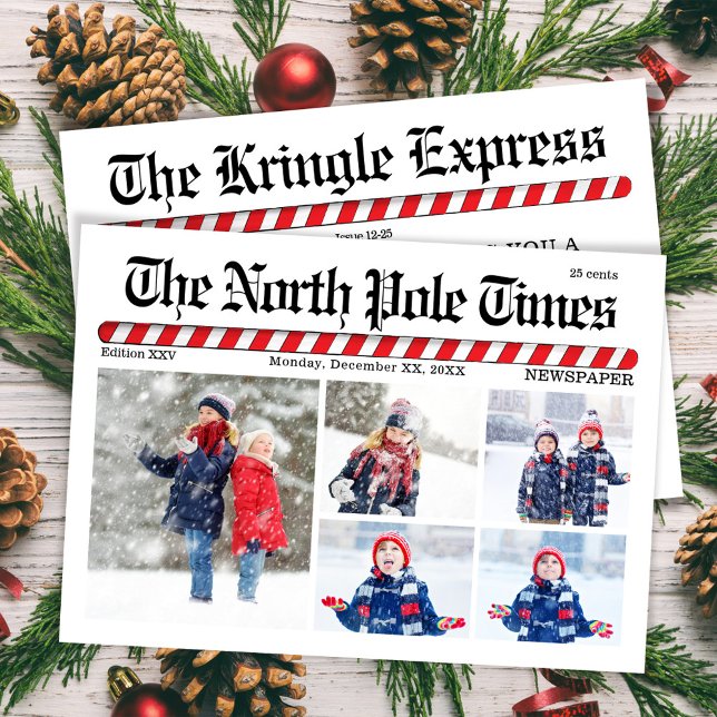 Roligt God jul Fotokollage Julkort (The North Pole Times Multi photo holiday greeting card.)