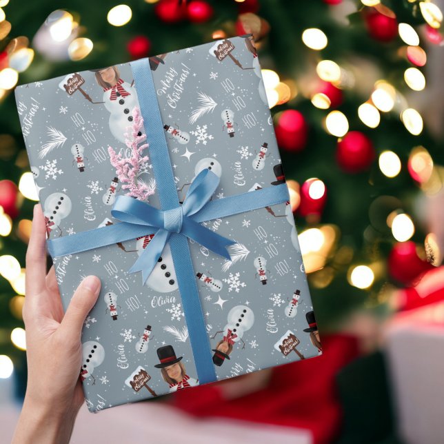 Roligt god jul illustration foto snögubbe presentpapper (Fun merry Christmas illustration photo snowman Wrapping Paper on blue)
