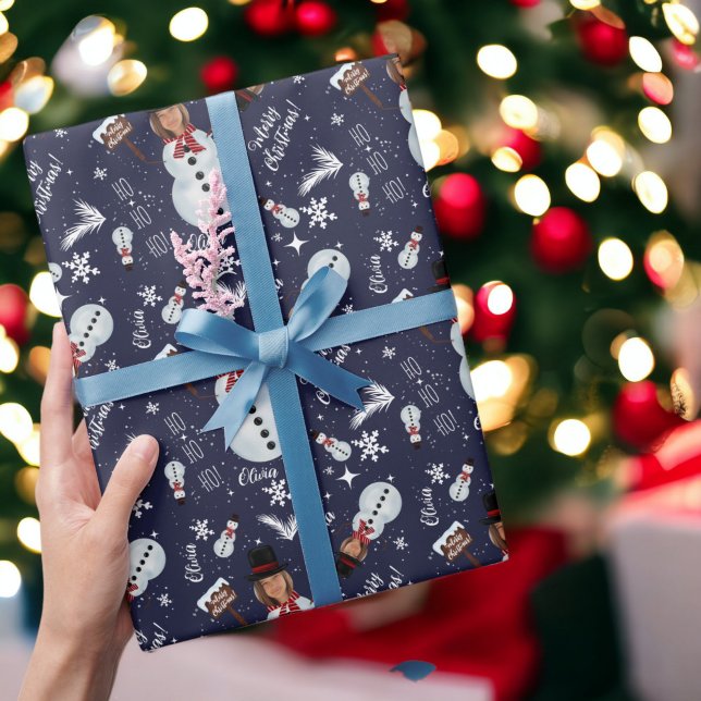 Roligt god jul illustration foto snögubbe presentpapper (Fun merry Christmas illustration photo snowman Wrapping Paper on navy blue)