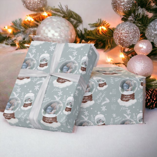 Roligt god jul illustrerar fotosnöglob presentpapper (Fun merry Christmas illustration photo snowglobe Wrapping Paper teal)