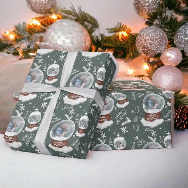 Roligt god jul illustrerar fotosnöglob presentpapper (Fun merry Christmas illustration photo snowglobe Wrapping Paper)