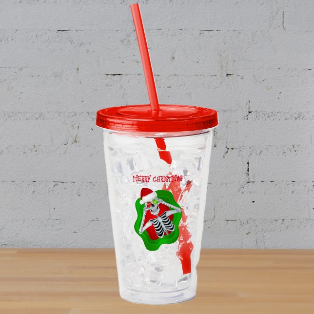 Roligt God jul Skeleton Ornaments Splatter Take Away Mugg (Happy Skeleton Santa Hat ornaments in round wavy shape on Merry Christmas acrylic drink tumbler.)