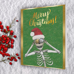 Roligt God jul Skeleton Santa Hat Guld Helgkort