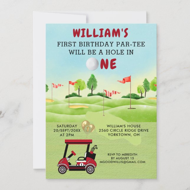 Roligt Golf Red Cart Boy 1:a Birthday Par-Tee-inbj Inbjudningar (Framsida)