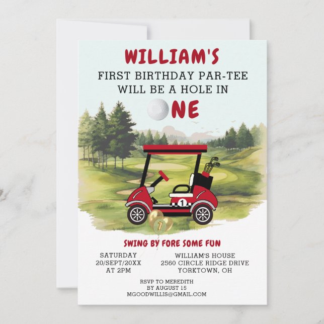Roligt Golf Red Cart Boy 1st Birthday Par-Tee Inbjudningar (Framsida)