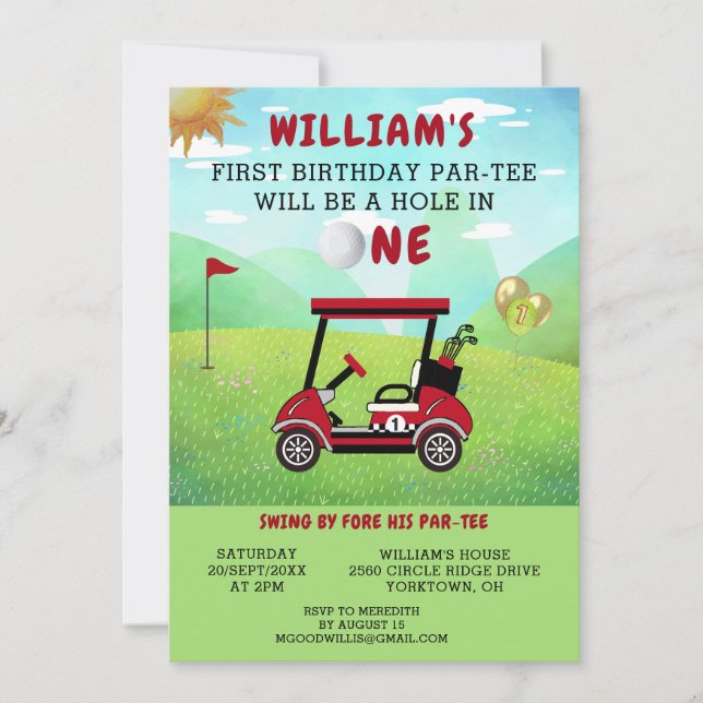 Roligt Golf Red Cart Boy 1st Birthday Par-Tee Inbjudningar (Framsida)