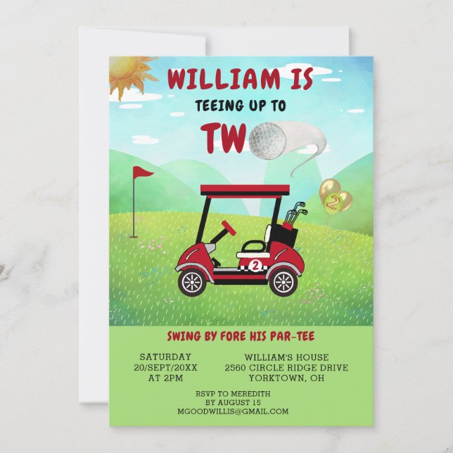 Roligt Golf Red Cart Boy 2 Birthday Par-Tee Inbjudningar (Framsida)