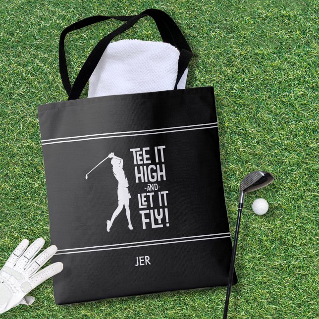 Roligt golfcitat Modernt Svart Vitt Tygkasse (Personalized Golfer Golf Humor Funny Sports Modern Black & White Tote Bag For Her.)